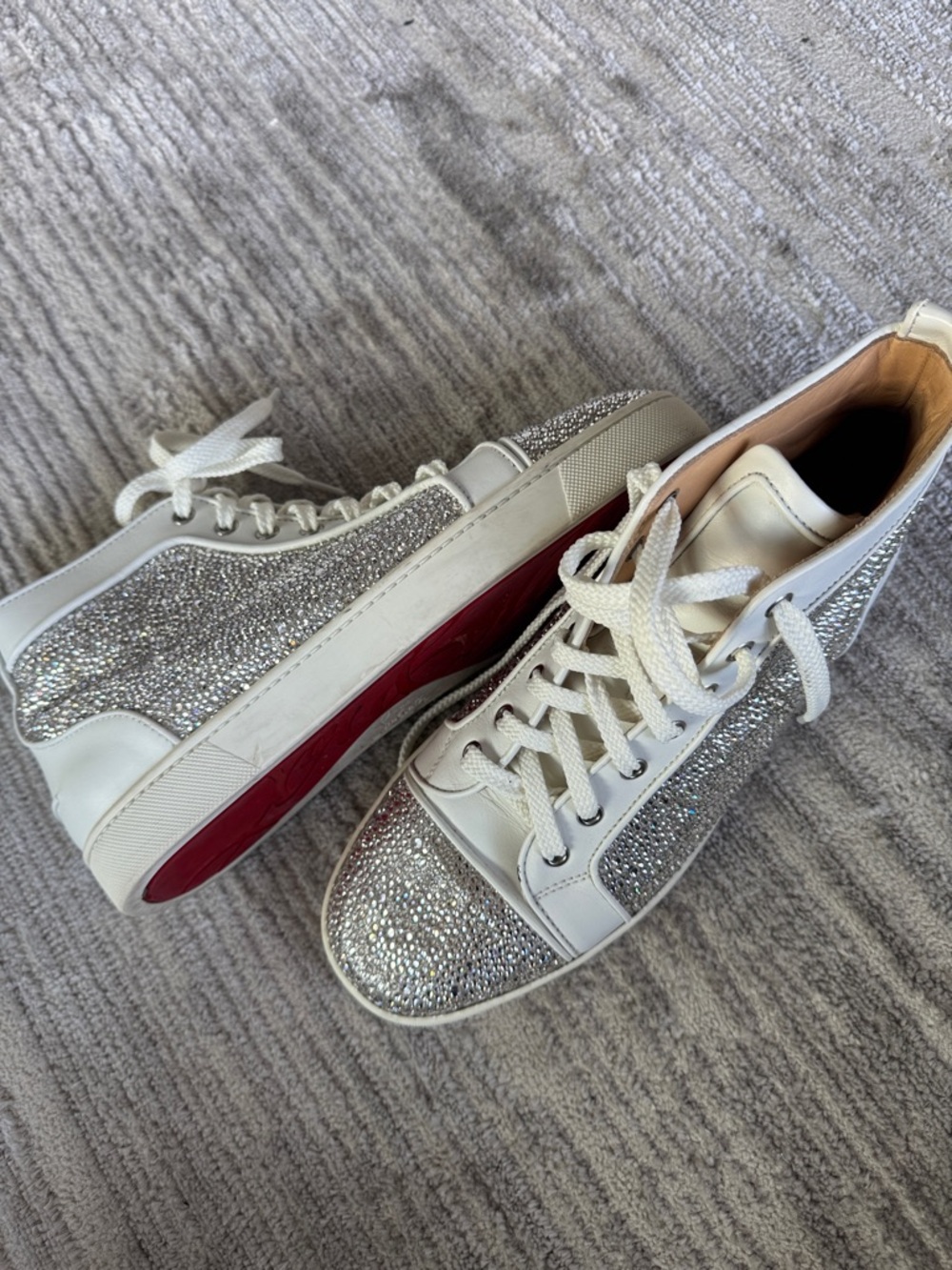 Christian Louboutin White and Silver Crystal High-Top Sneakers